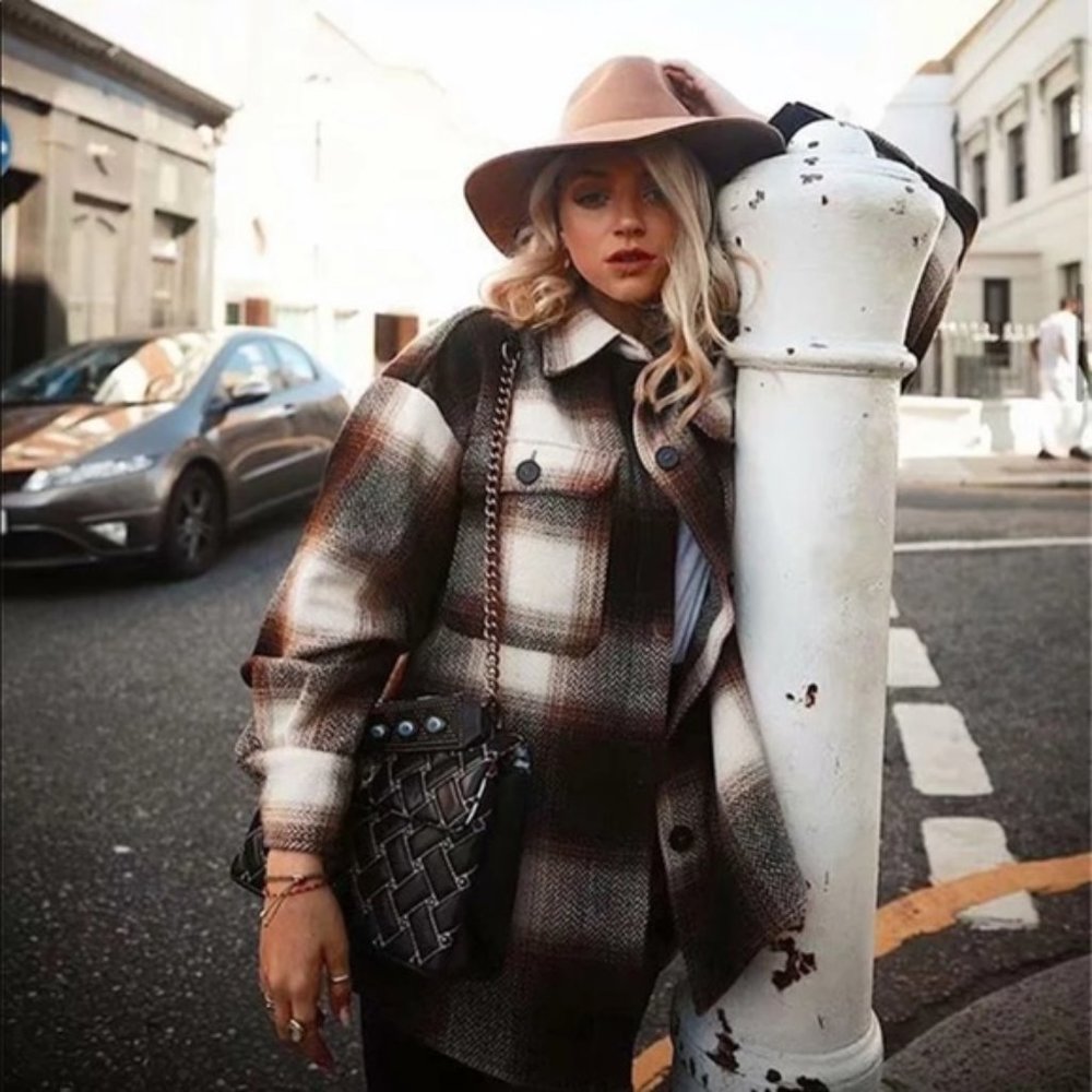 Boyfriend Fit Plaid Jacket Coat Brown Trucker - Picture 8 of 16